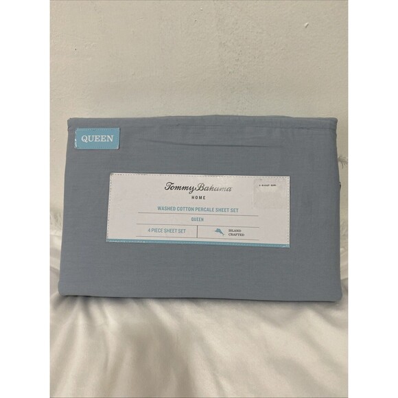 Tommy Bahama Home Washed Cotton Percale Queen Sheet Set 4 Pieces Blue Sky New - Picture 4 of 11